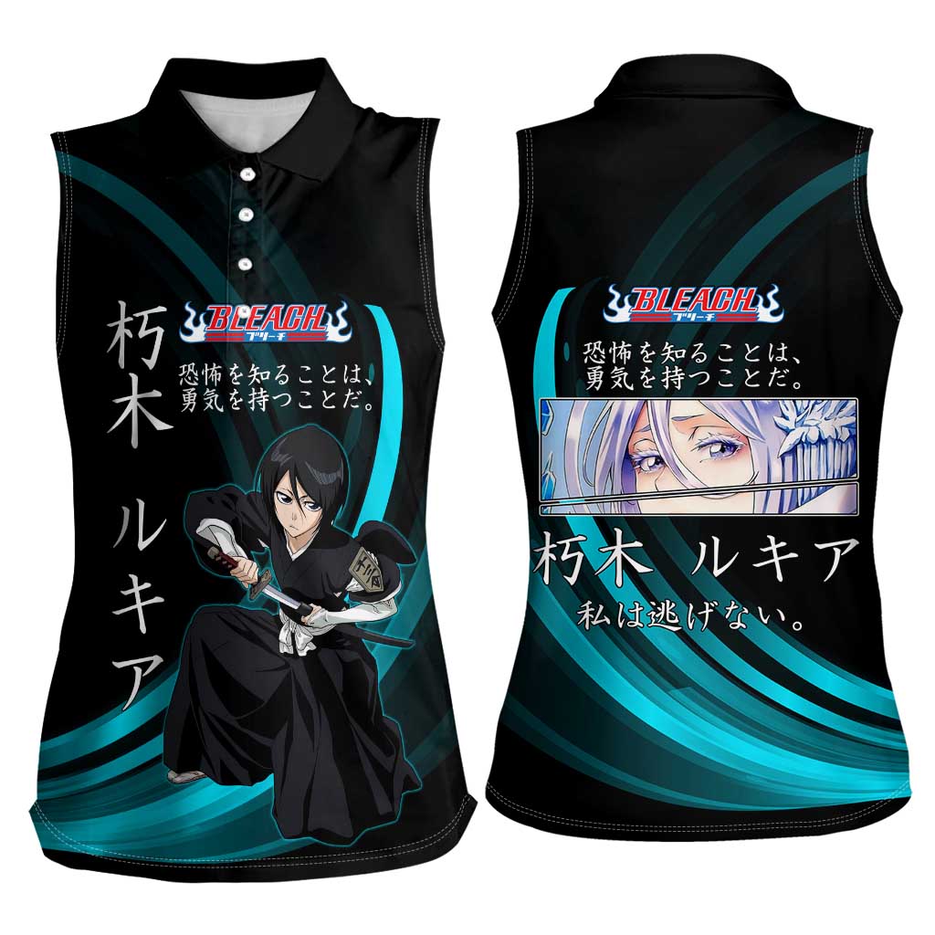 Rukia Kuchiki Bleach Anime Black and Teal Theme Women Sleeveless Polo Shirt with Zanpakuto Pose and Japanese Quote Design - The Mazicc