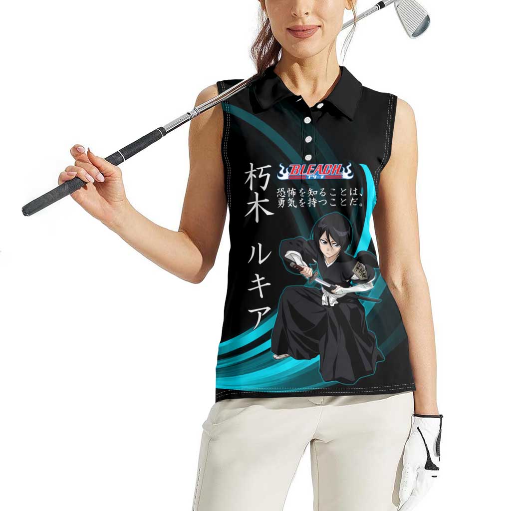 Rukia Kuchiki Bleach Anime Black and Teal Theme Women Sleeveless Polo Shirt with Zanpakuto Pose and Japanese Quote Design - The Mazicc