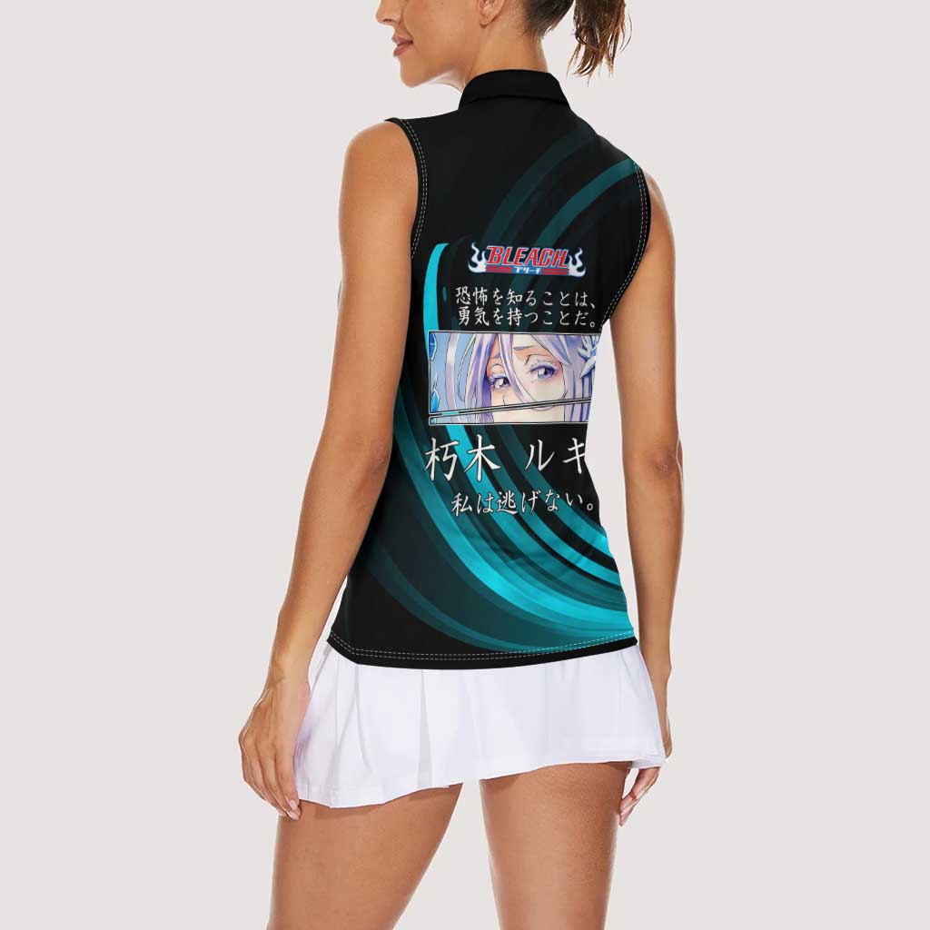 Rukia Kuchiki Bleach Anime Black and Teal Theme Women Sleeveless Polo Shirt with Zanpakuto Pose and Japanese Quote Design - The Mazicc