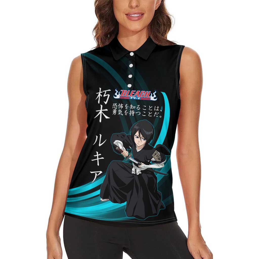 Rukia Kuchiki Bleach Anime Black and Teal Theme Women Sleeveless Polo Shirt with Zanpakuto Pose and Japanese Quote Design - The Mazicc
