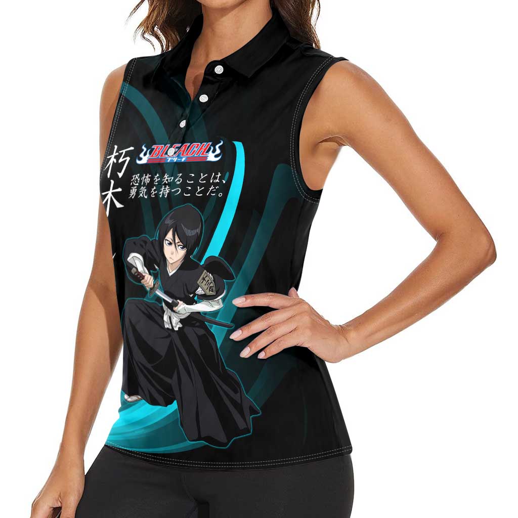 Rukia Kuchiki Bleach Anime Black and Teal Theme Women Sleeveless Polo Shirt with Zanpakuto Pose and Japanese Quote Design - The Mazicc