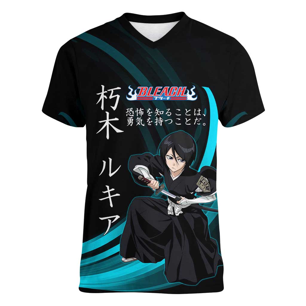 Rukia Kuchiki Bleach Anime Black and Teal Theme Women V-Neck T-Shirt with Zanpakuto Pose and Japanese Quote Design - The Mazicc