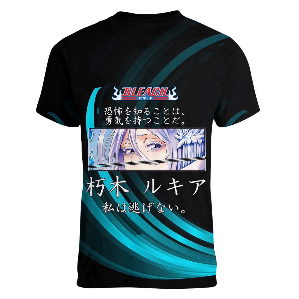 Rukia Kuchiki Bleach Anime Black and Teal Theme Women V-Neck T-Shirt with Zanpakuto Pose and Japanese Quote Design - The Mazicc