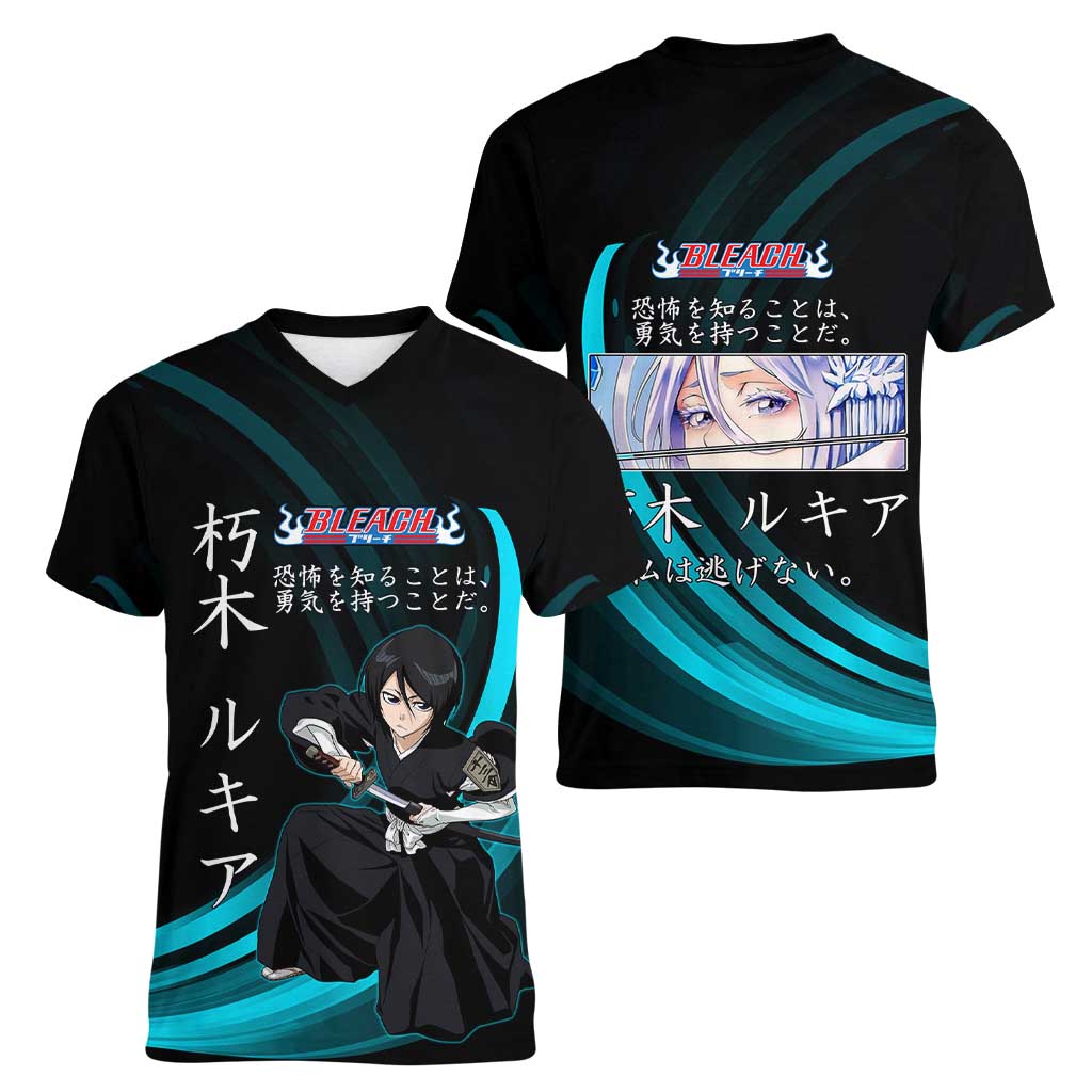 Rukia Kuchiki Bleach Anime Black and Teal Theme Women V-Neck T-Shirt with Zanpakuto Pose and Japanese Quote Design - The Mazicc