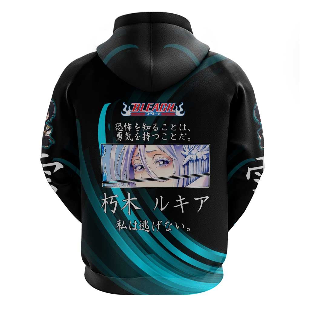 Rukia Kuchiki Bleach Anime Black and Teal Theme Zip Hoodie with Zanpakuto Pose and Japanese Quote Design - The Mazicc