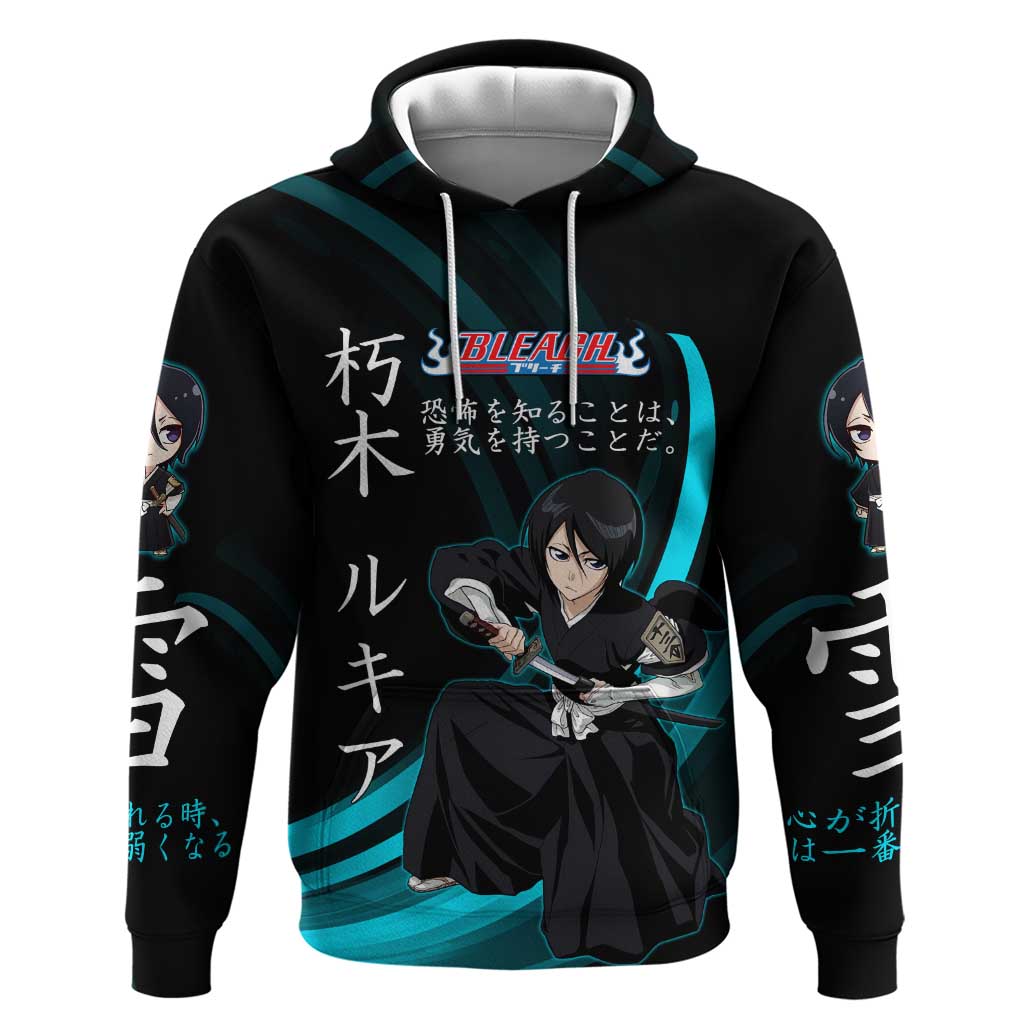 Rukia Kuchiki Bleach Anime Black and Teal Theme Zip Hoodie with Zanpakuto Pose and Japanese Quote Design - The Mazicc