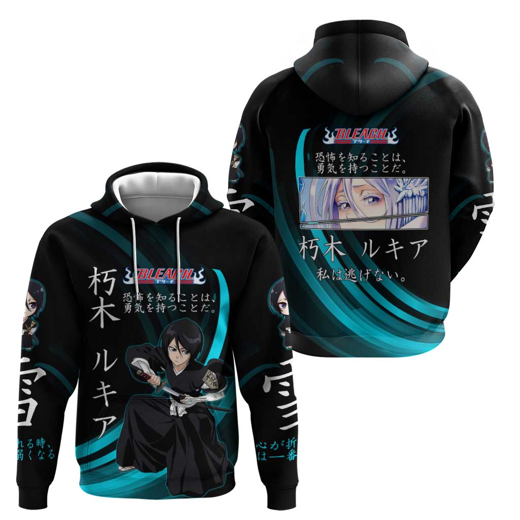 Rukia Kuchiki Bleach Anime Black and Teal Theme Zip Hoodie with Zanpakuto Pose and Japanese Quote Design - The Mazicc