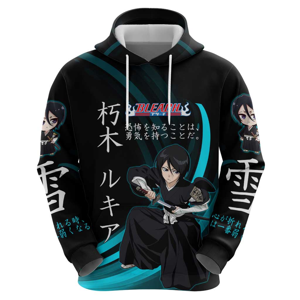 Rukia Kuchiki Bleach Anime Black and Teal Theme Zip Hoodie with Zanpakuto Pose and Japanese Quote Design - The Mazicc