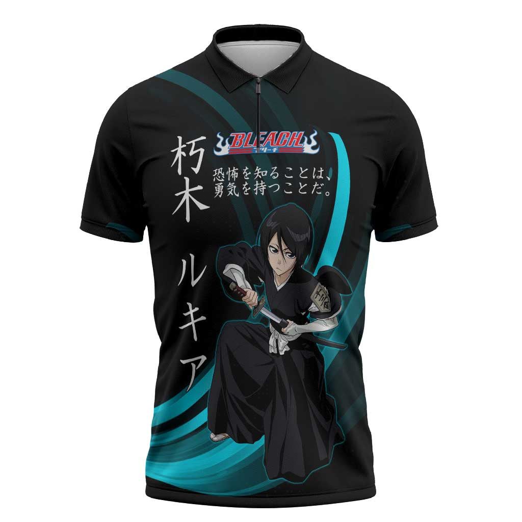 Rukia Kuchiki Bleach Anime Black and Teal Theme Zipper Polo Shirt with Zanpakuto Pose and Japanese Quote Design - The Mazicc
