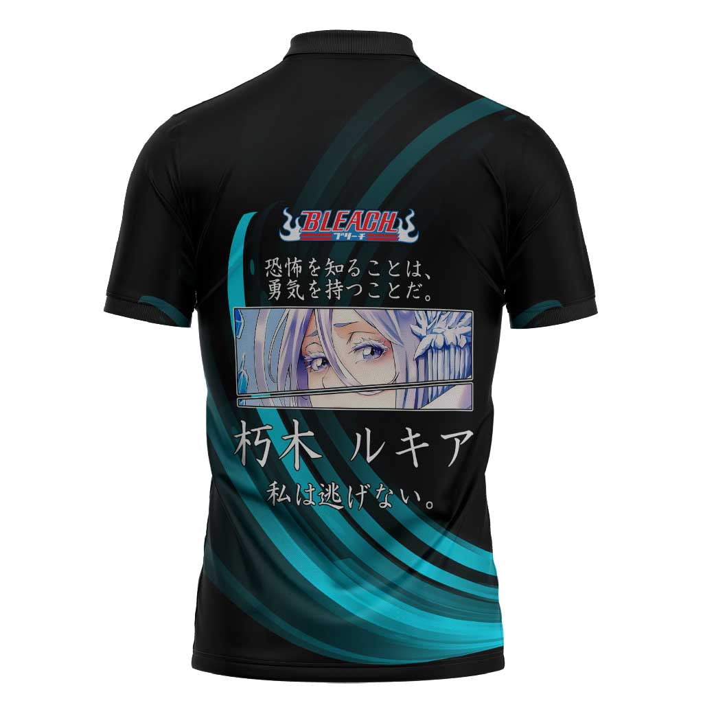 Rukia Kuchiki Bleach Anime Black and Teal Theme Zipper Polo Shirt with Zanpakuto Pose and Japanese Quote Design - The Mazicc
