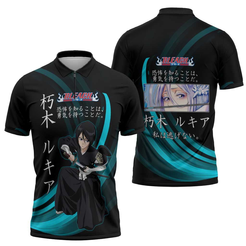 Rukia Kuchiki Bleach Anime Black and Teal Theme Zipper Polo Shirt with Zanpakuto Pose and Japanese Quote Design - The Mazicc