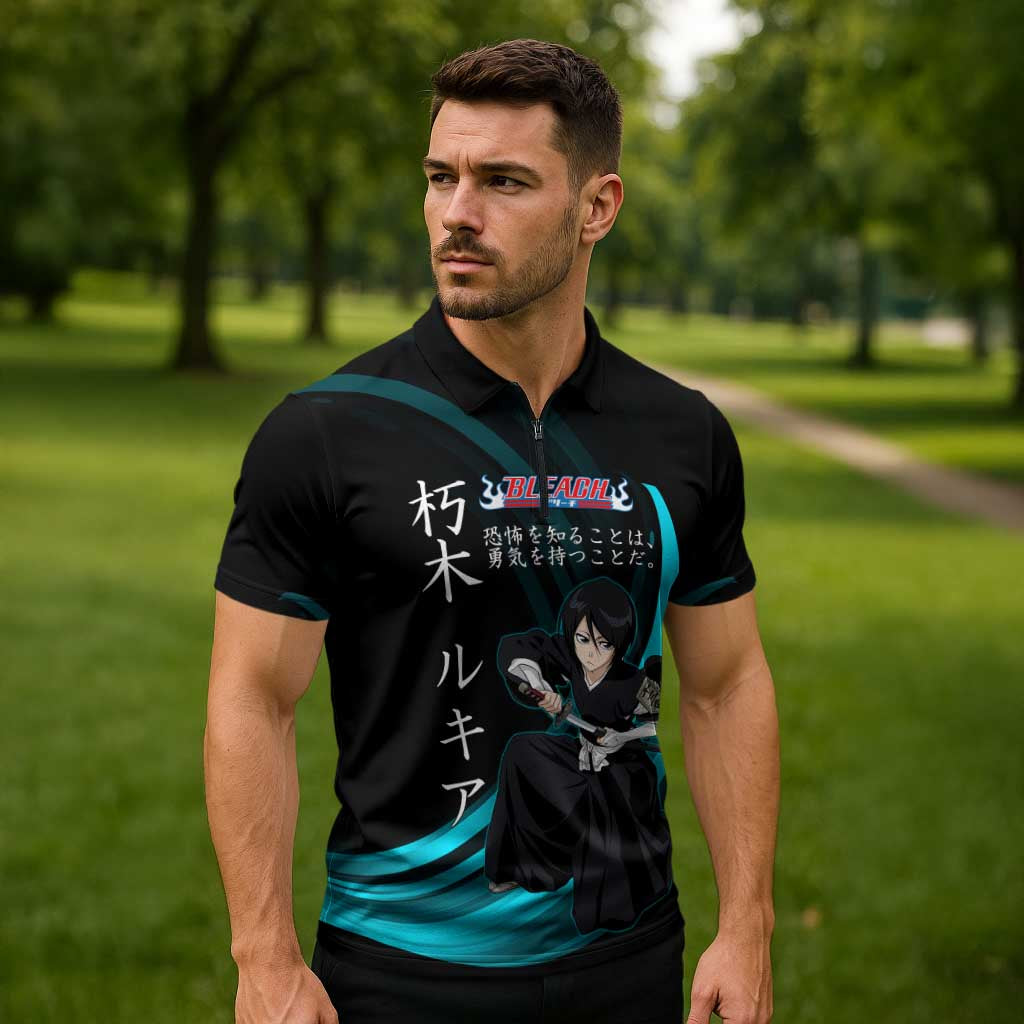 Rukia Kuchiki Bleach Anime Black and Teal Theme Zipper Polo Shirt with Zanpakuto Pose and Japanese Quote Design - The Mazicc