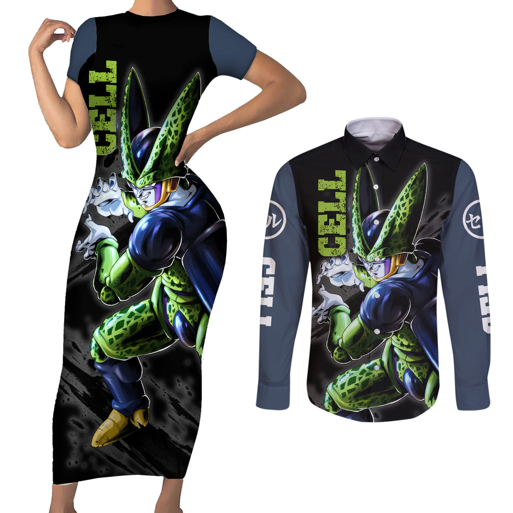 Perfect Cell Couples Matching Short Sleeve Bodycon Dress and Long Sleeve Button Shirt