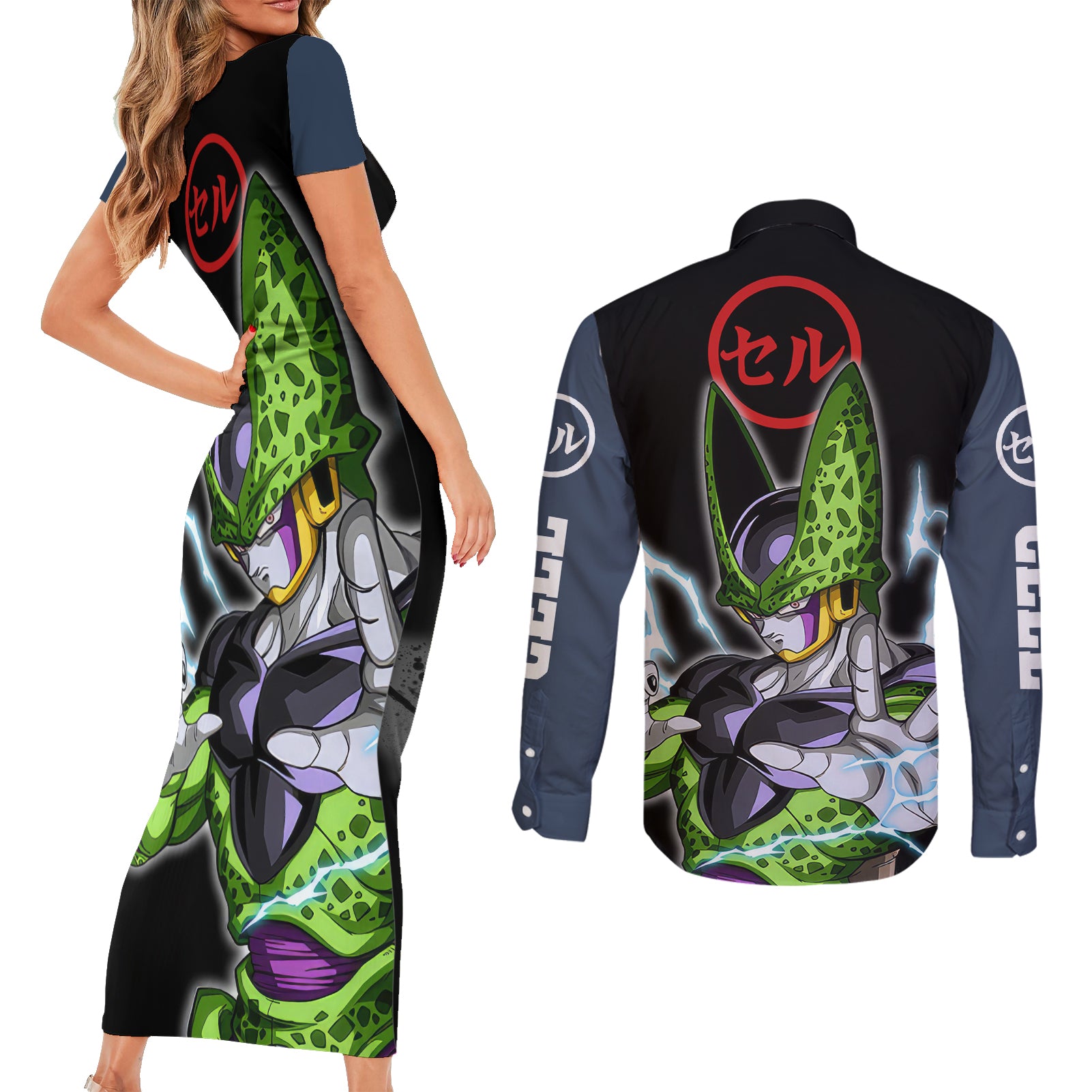 Perfect Cell Couples Matching Short Sleeve Bodycon Dress and Long Sleeve Button Shirt