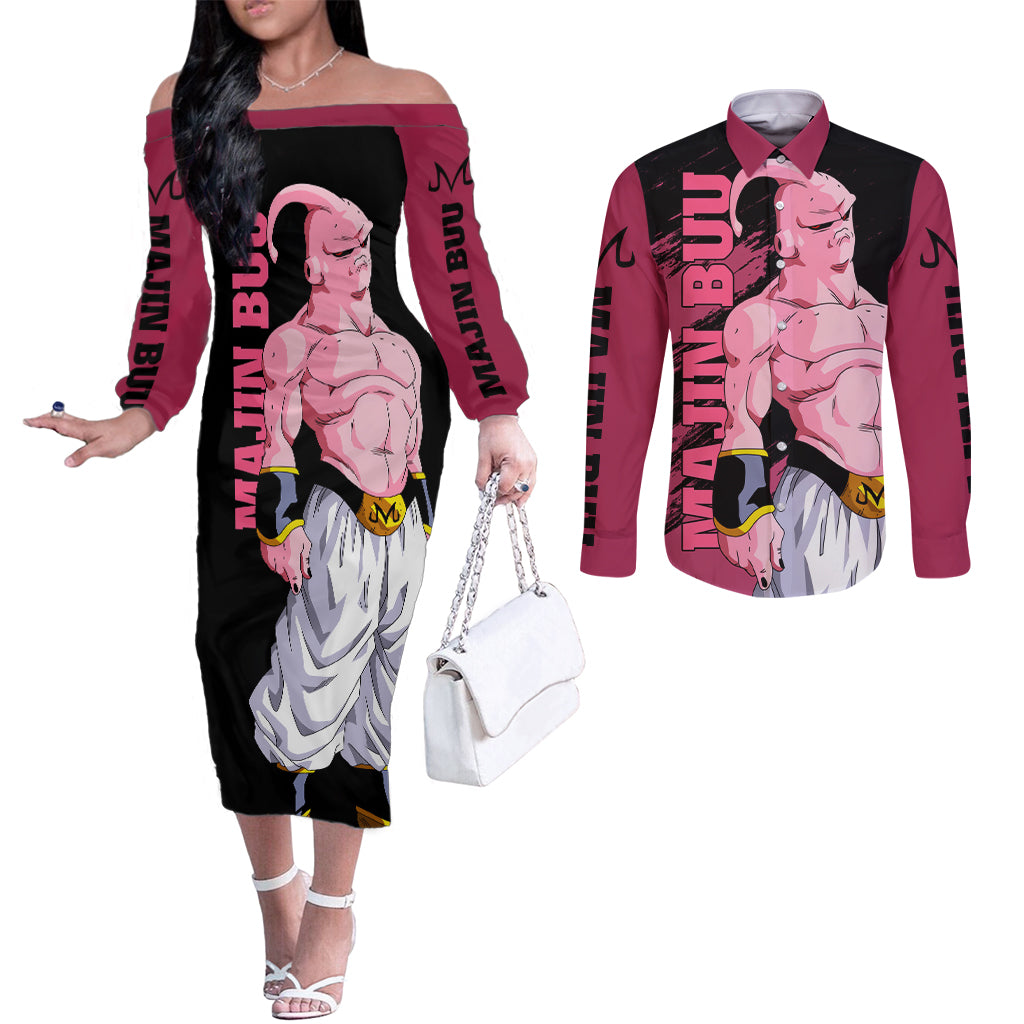 Skinny Majin Buu Couples Matching Off The Shoulder Long Sleeve Dress and Long Sleeve Button Shirt