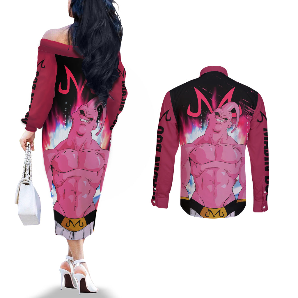 Skinny Majin Buu Couples Matching Off The Shoulder Long Sleeve Dress and Long Sleeve Button Shirt