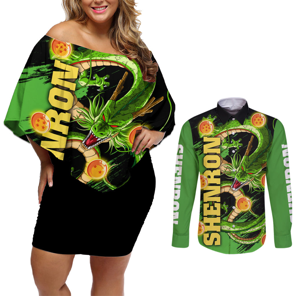 Dragon Shenron Couples Matching Off Shoulder Short Dress and Long Sleeve Button Shirt