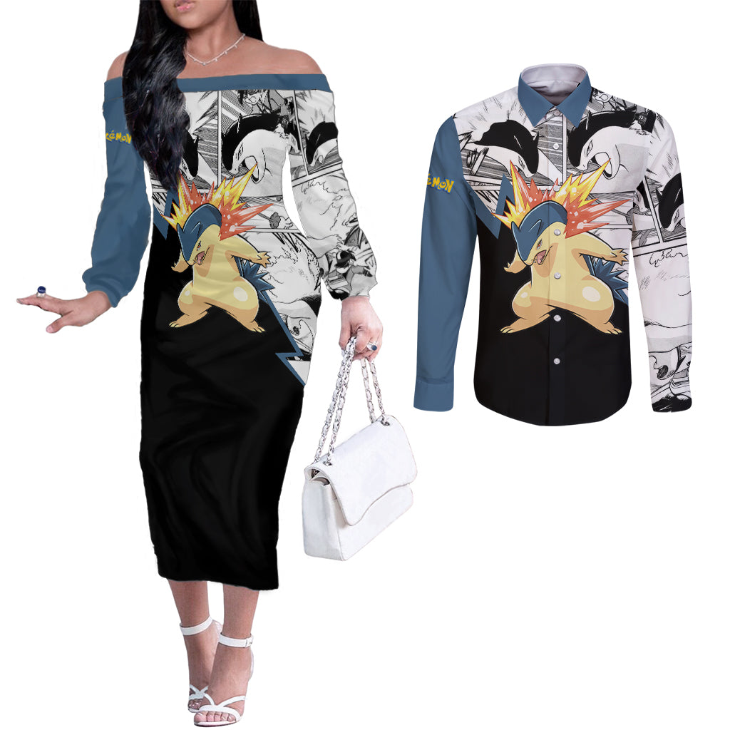 Typhlosion Mix Manga Couples Matching Off The Shoulder Long Sleeve Dress and Long Sleeve Button Shirt