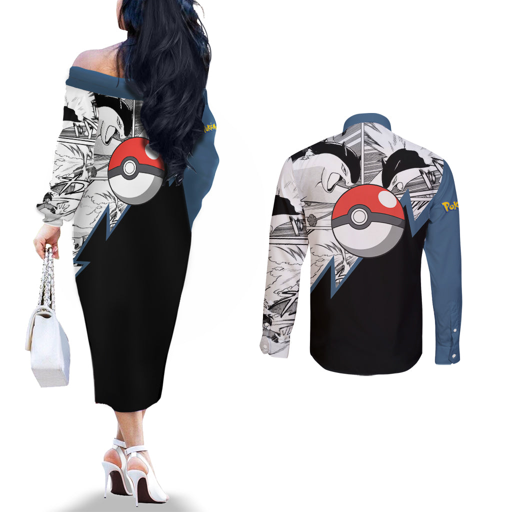 Typhlosion Mix Manga Couples Matching Off The Shoulder Long Sleeve Dress and Long Sleeve Button Shirt