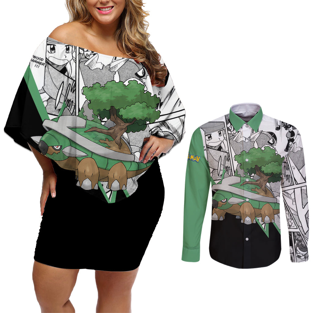 Torterra Anime Couples Matching Off Shoulder Short Dress and Long Sleeve Button Shirt
