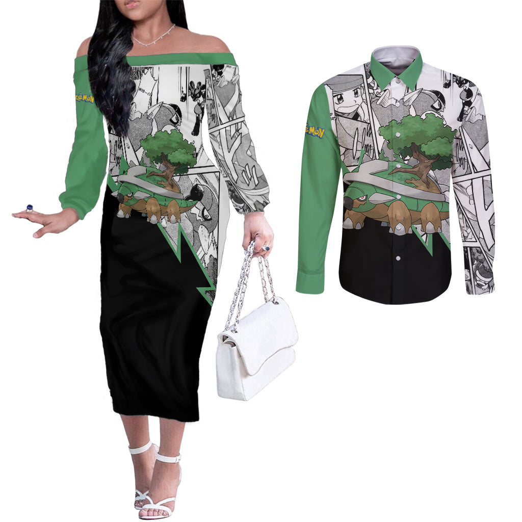 Torterra Anime Couples Matching Off The Shoulder Long Sleeve Dress and Long Sleeve Button Shirt