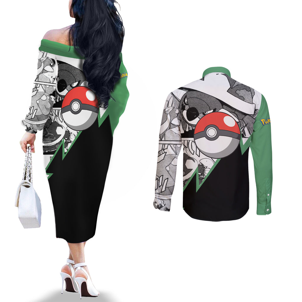 Torterra Anime Couples Matching Off The Shoulder Long Sleeve Dress and Long Sleeve Button Shirt