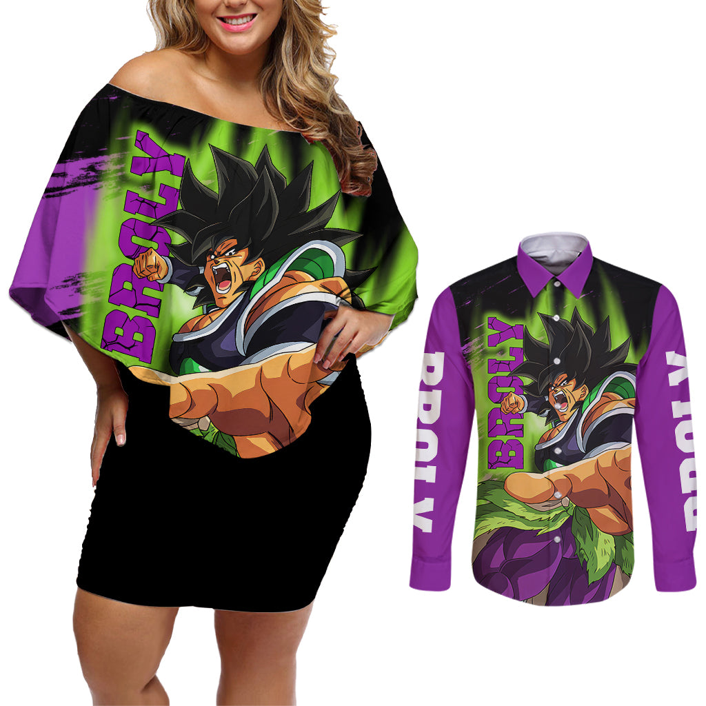 Super Broly Couples Matching Off Shoulder Short Dress and Long Sleeve Button Shirt