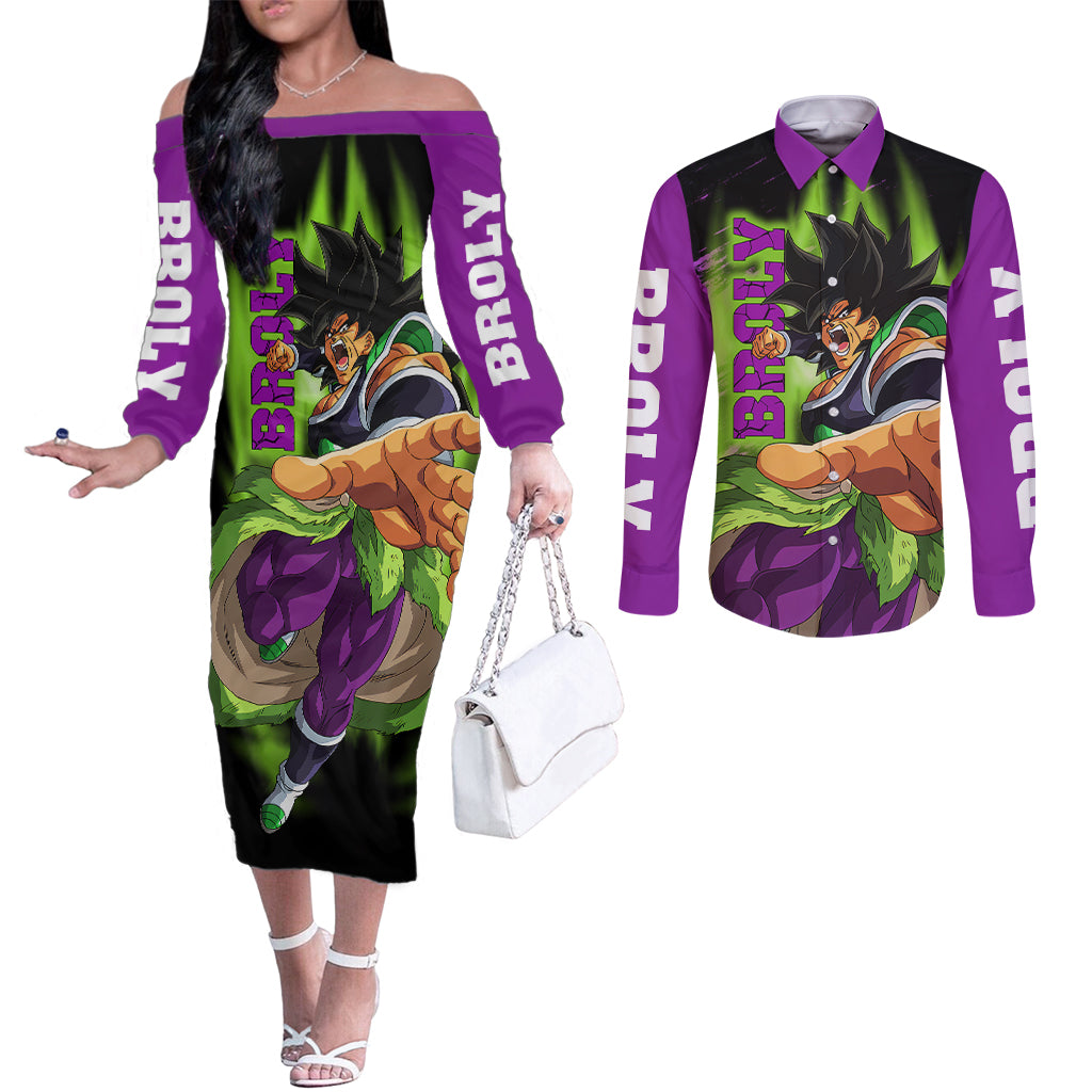 Super Broly Couples Matching Off The Shoulder Long Sleeve Dress and Long Sleeve Button Shirt