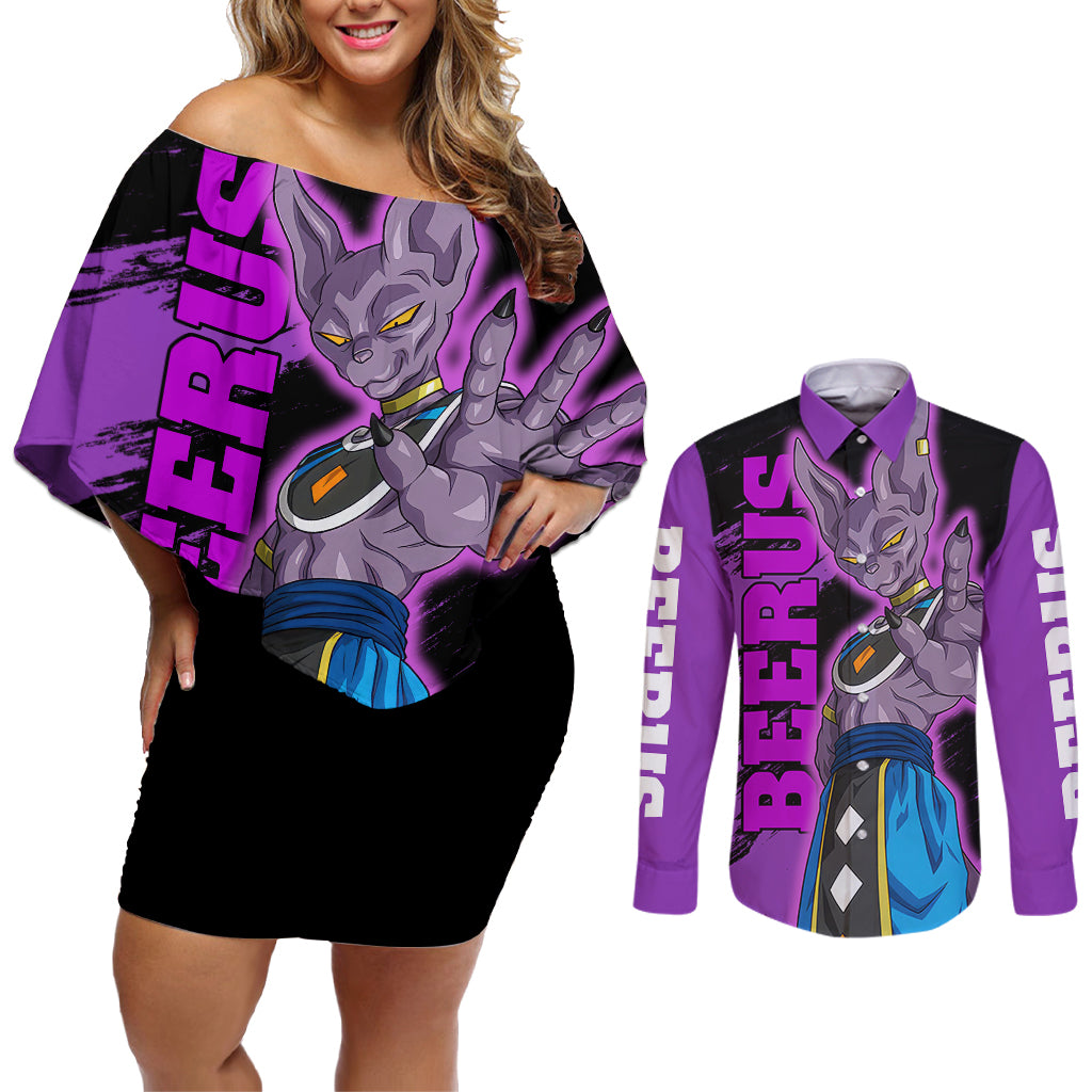 Beerus Dragon Ball Couples Matching Off Shoulder Short Dress and Long Sleeve Button Shirt