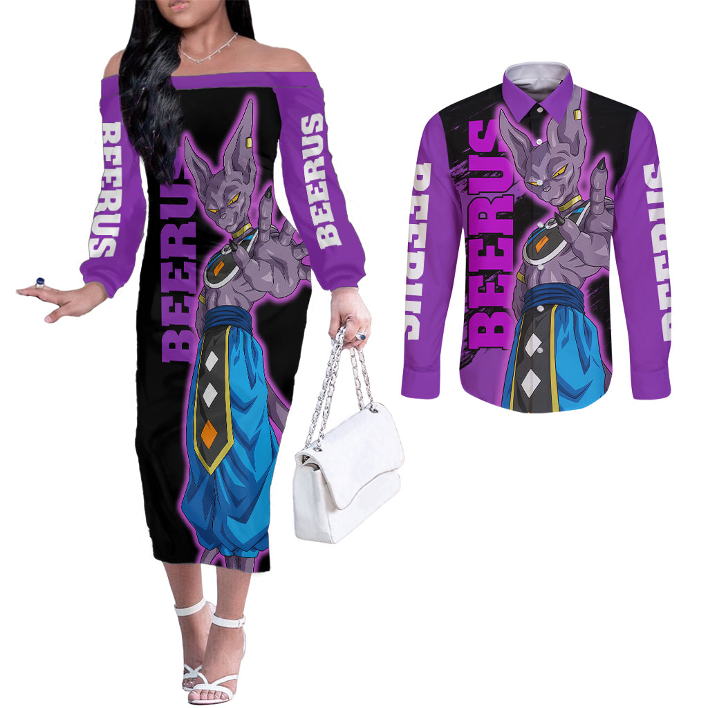 Beerus Dragon Ball Couples Matching Off The Shoulder Long Sleeve Dress and Long Sleeve Button Shirt