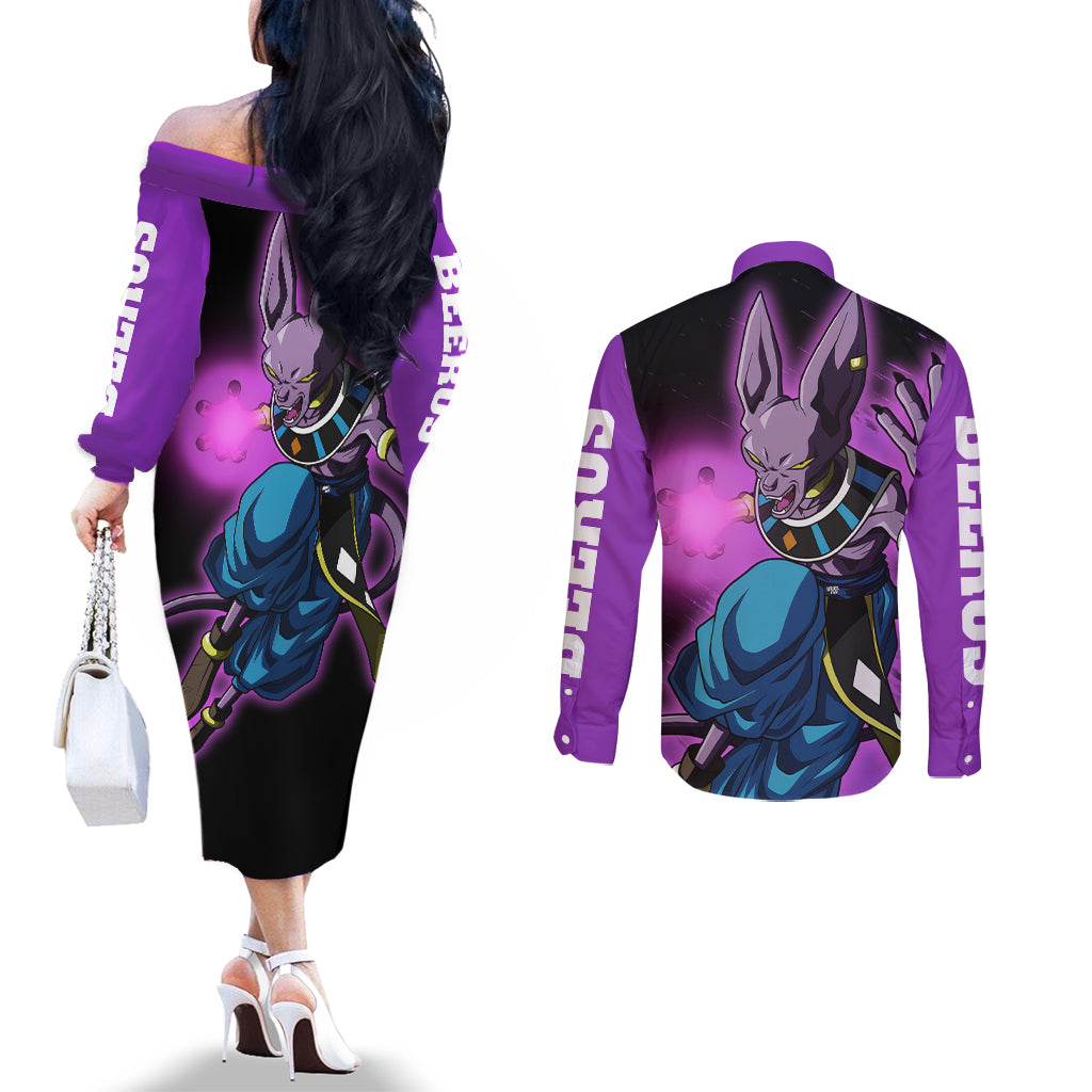 Beerus Dragon Ball Couples Matching Off The Shoulder Long Sleeve Dress and Long Sleeve Button Shirt