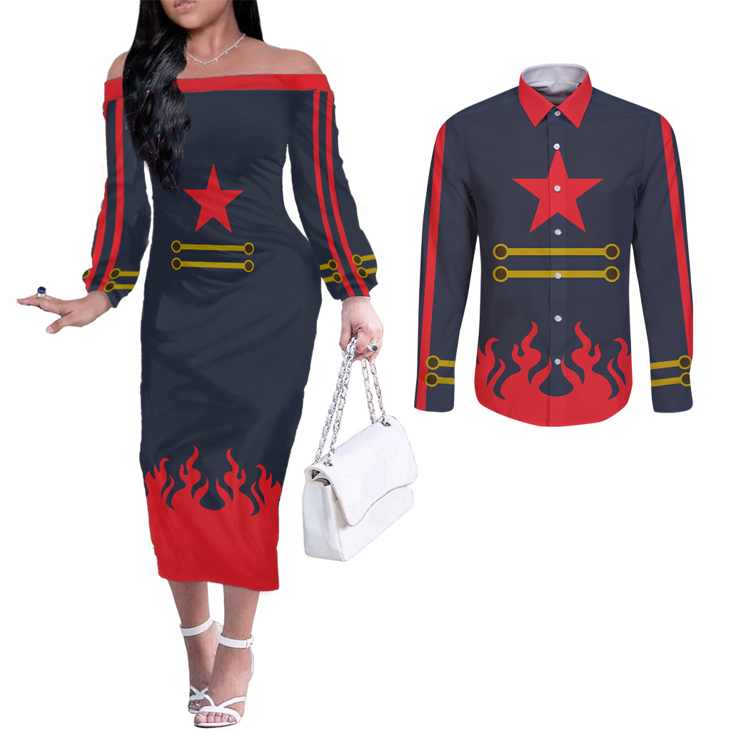 Gurren Lagann Simon Couples Matching Off The Shoulder Long Sleeve Dress and Long Sleeve Button Shirt
