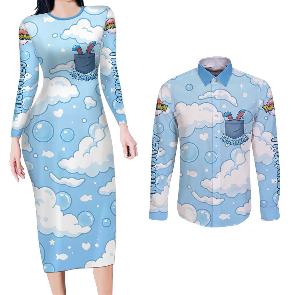 Azumarill Couples Matching Long Sleeve Bodycon Dress and Long Sleeve Button Shirt Dreamy Bubble Cloud Art