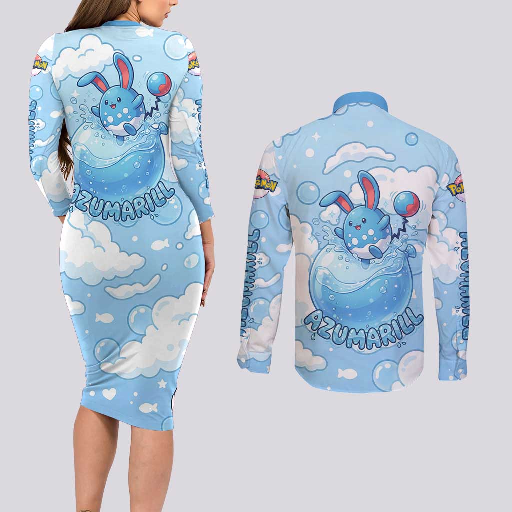 Azumarill Couples Matching Long Sleeve Bodycon Dress and Long Sleeve Button Shirt Dreamy Bubble Cloud Art