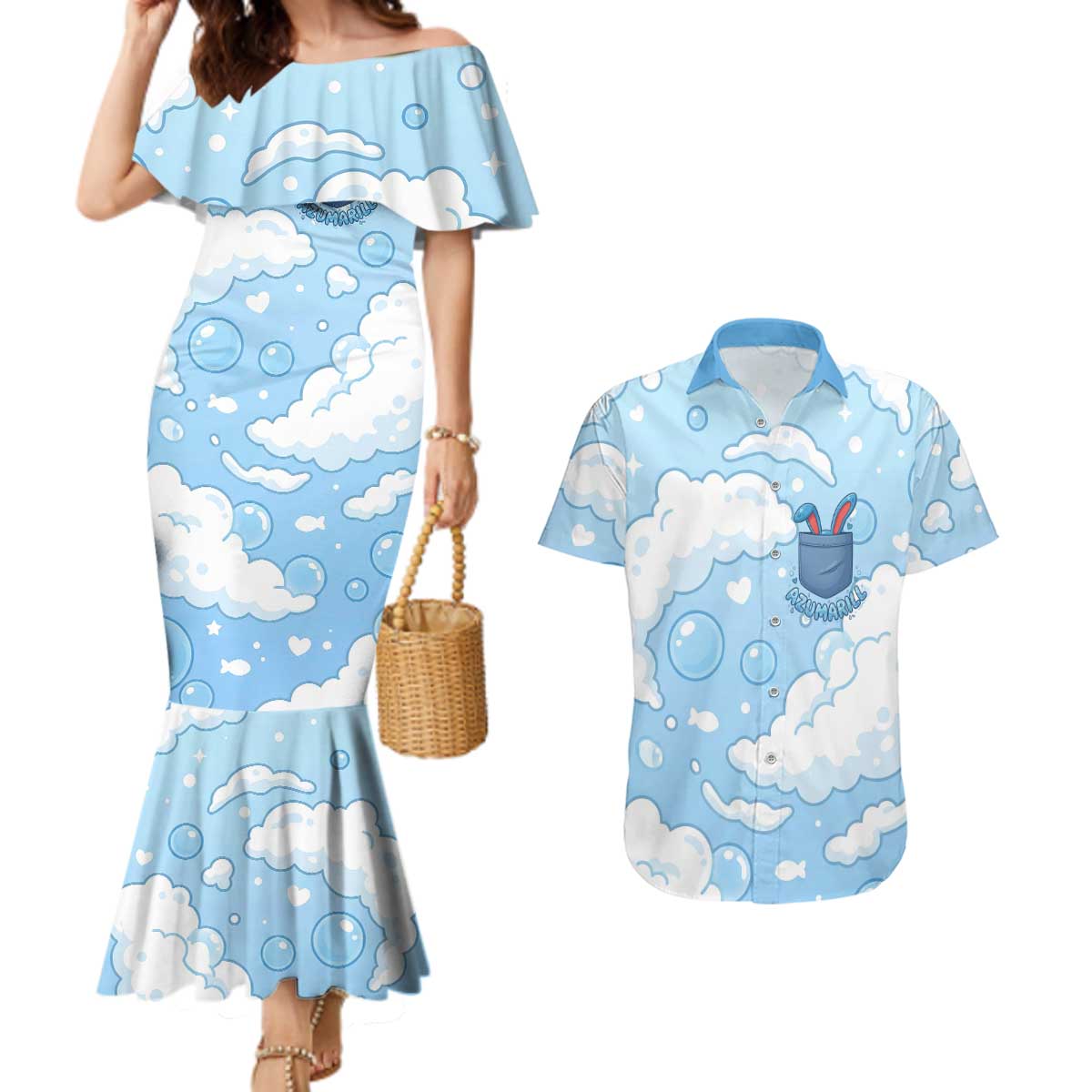 Azumarill Couples Matching Mermaid Dress and Hawaiian Shirt Dreamy Bubble Cloud Art