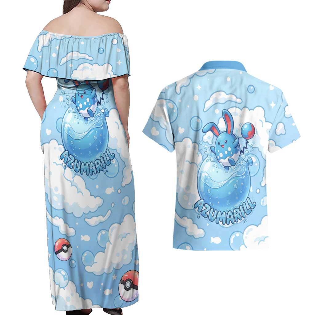 Azumarill Couples Matching Off Shoulder Maxi Dress and Hawaiian Shirt Dreamy Bubble Cloud Art