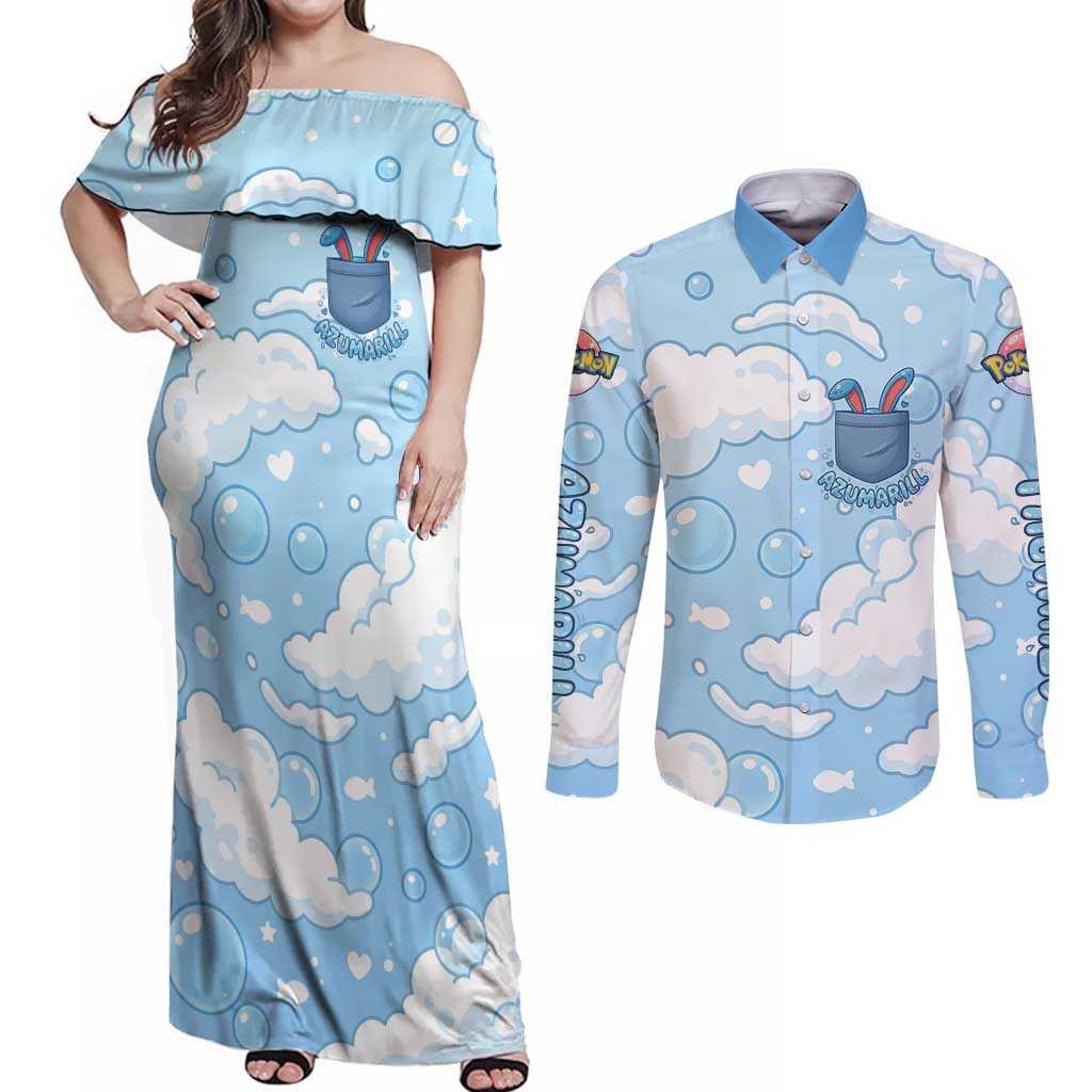 Azumarill Couples Matching Off Shoulder Maxi Dress and Long Sleeve Button Shirt Dreamy Bubble Cloud Art
