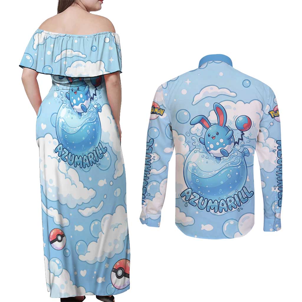 Azumarill Couples Matching Off Shoulder Maxi Dress and Long Sleeve Button Shirt Dreamy Bubble Cloud Art