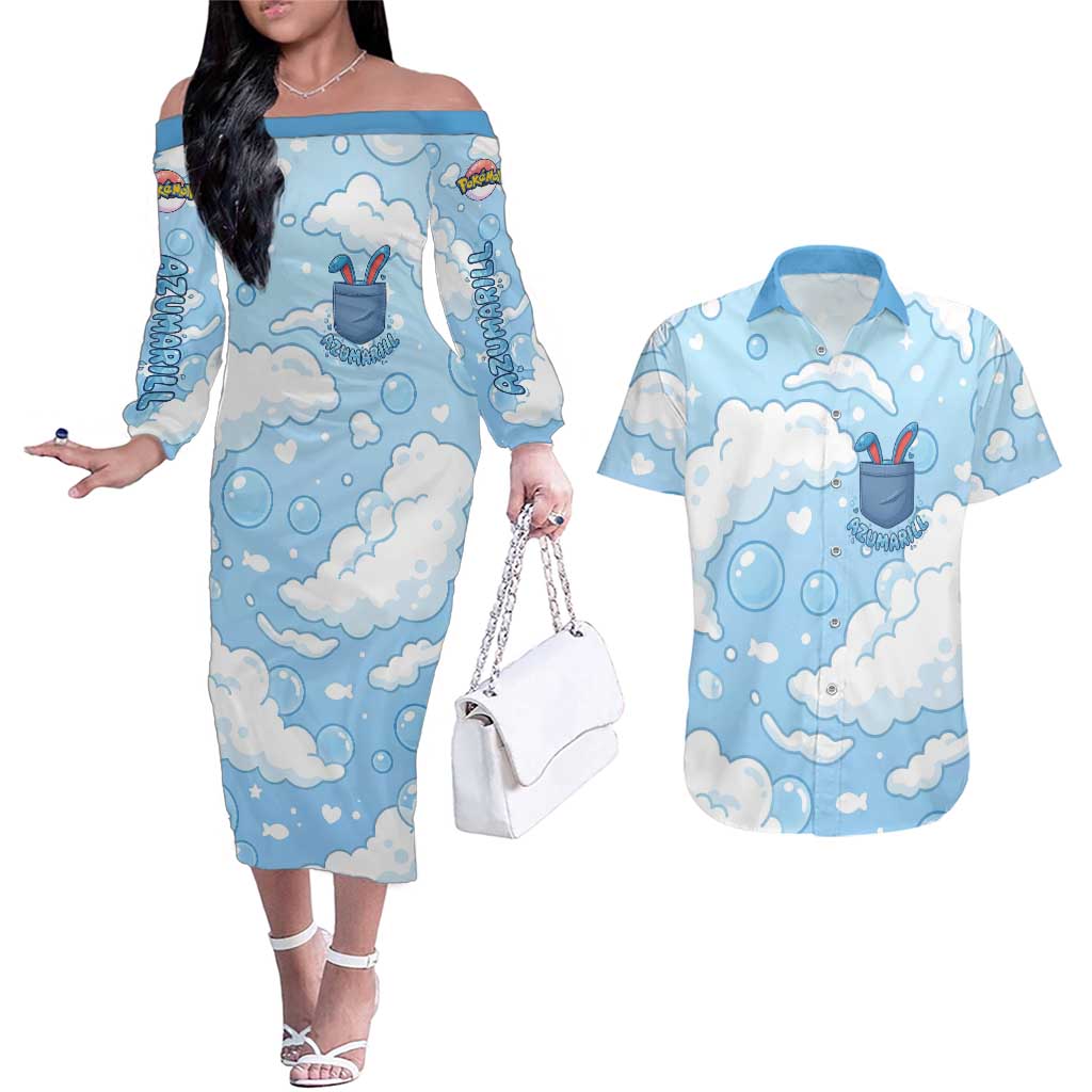 Azumarill Couples Matching Off The Shoulder Long Sleeve Dress and Hawaiian Shirt Dreamy Bubble Cloud Art