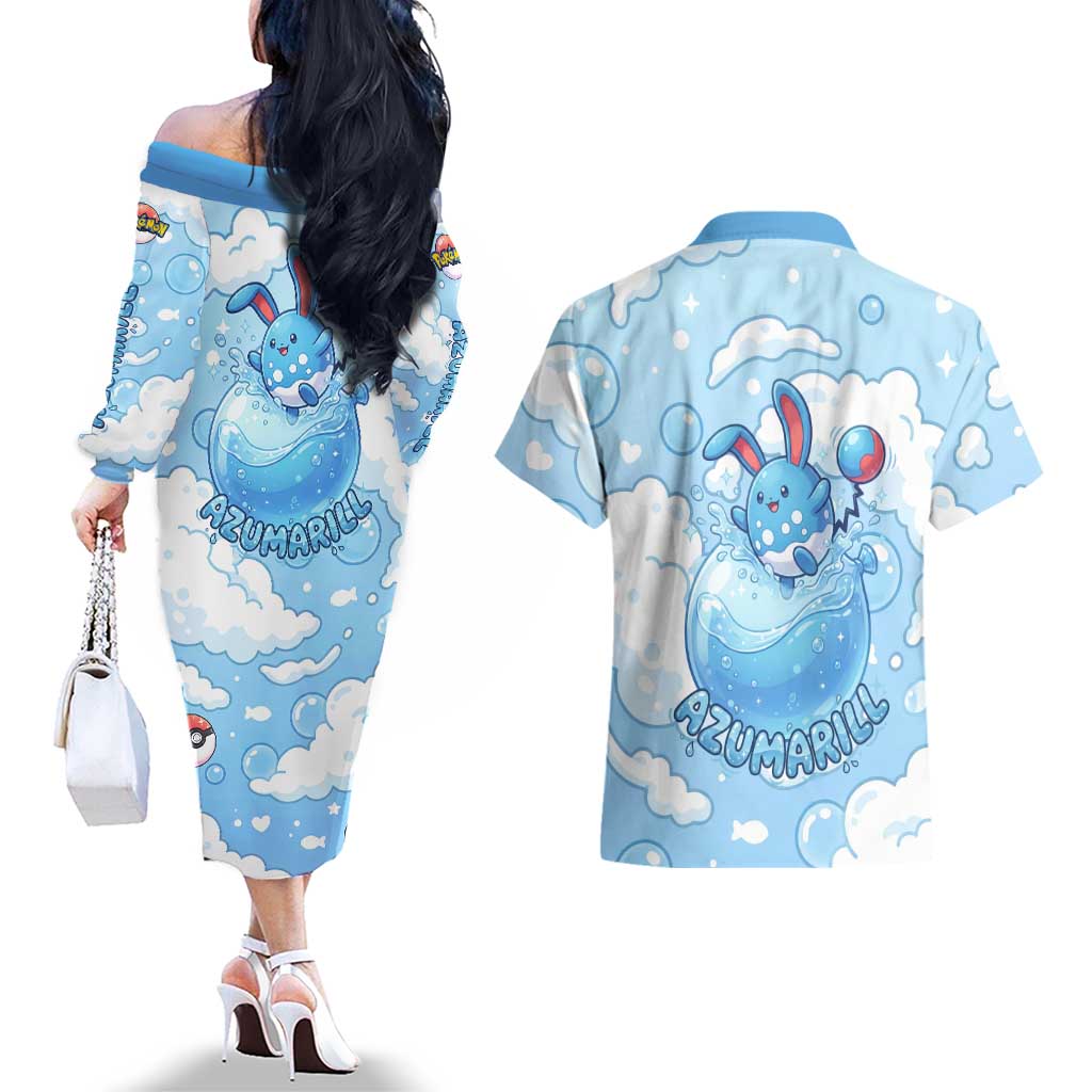 Azumarill Couples Matching Off The Shoulder Long Sleeve Dress and Hawaiian Shirt Dreamy Bubble Cloud Art