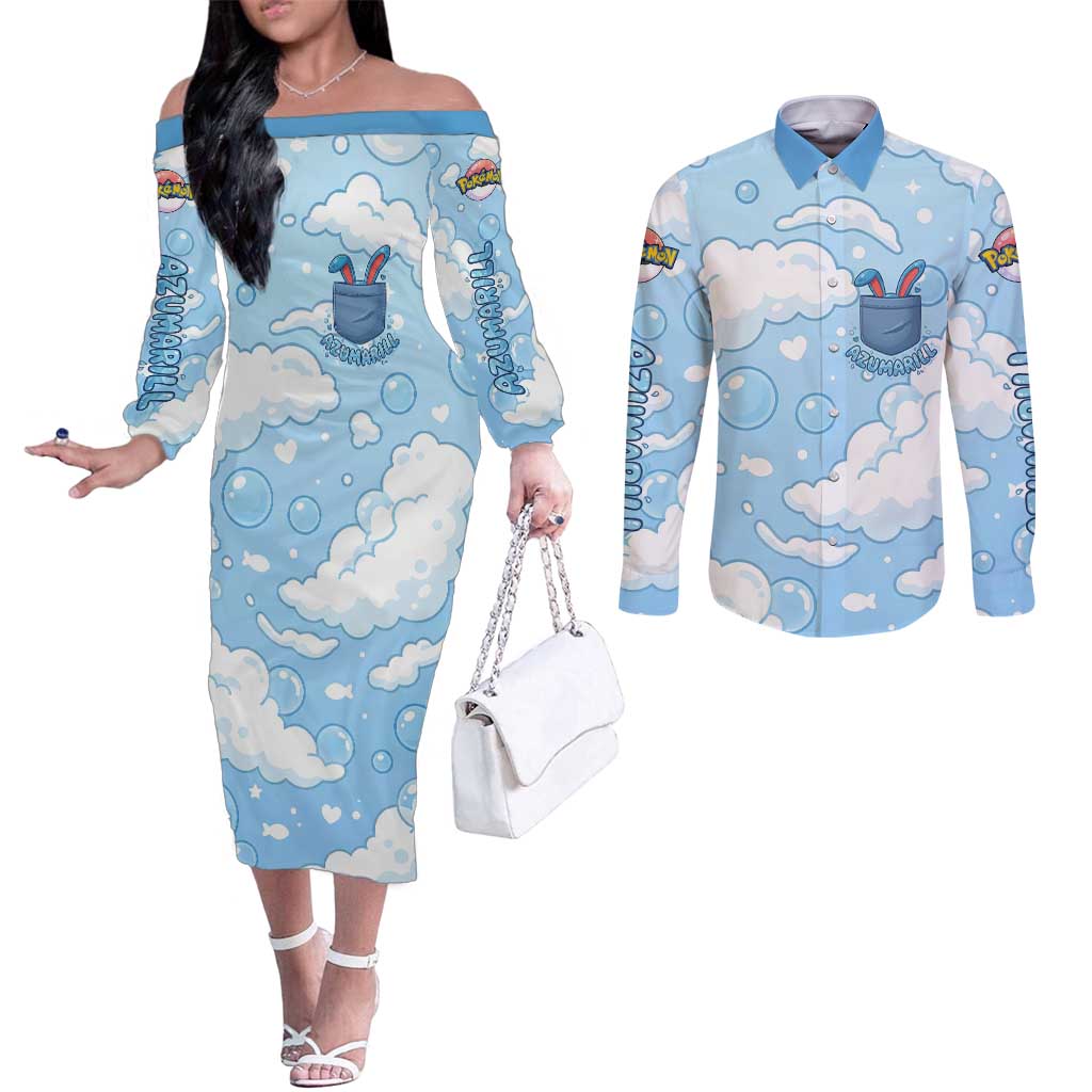 Azumarill Couples Matching Off The Shoulder Long Sleeve Dress and Long Sleeve Button Shirt Dreamy Bubble Cloud Art