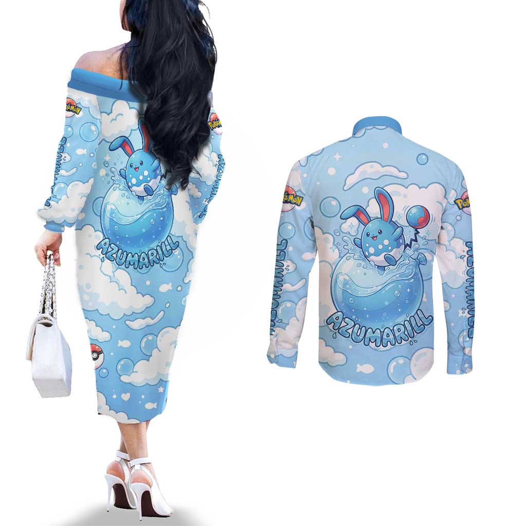 Azumarill Couples Matching Off The Shoulder Long Sleeve Dress and Long Sleeve Button Shirt Dreamy Bubble Cloud Art