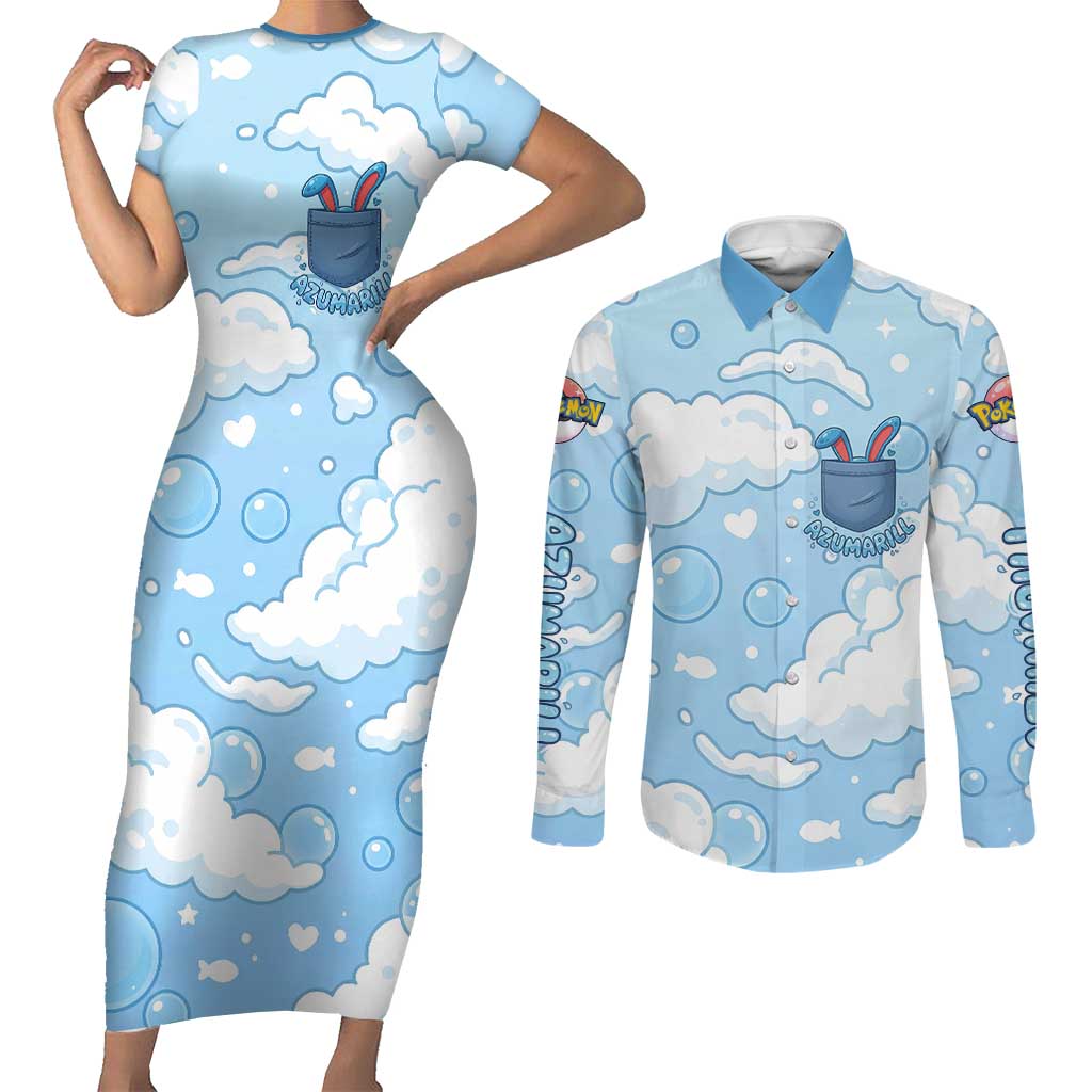 Azumarill Couples Matching Short Sleeve Bodycon Dress and Long Sleeve Button Shirt Dreamy Bubble Cloud Art