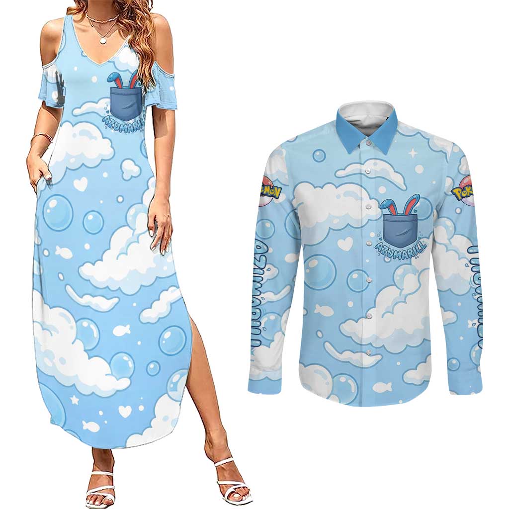 Azumarill Couples Matching Summer Maxi Dress and Long Sleeve Button Shirt Dreamy Bubble Cloud Art