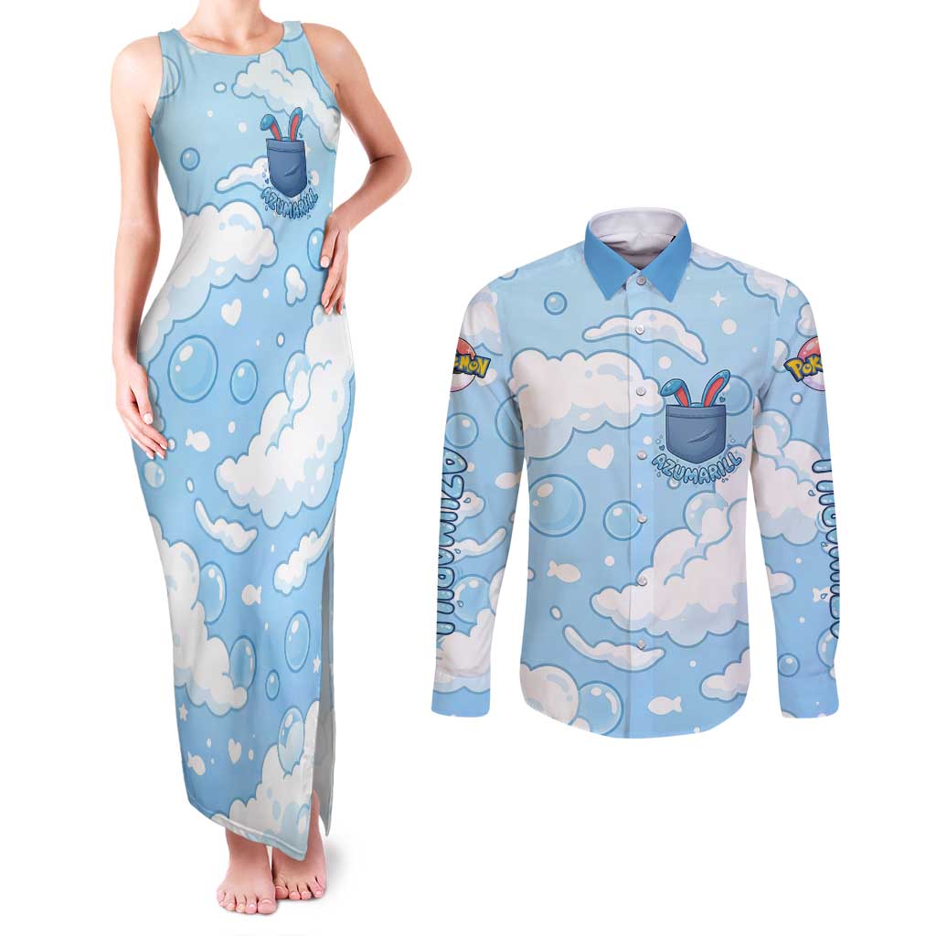 Azumarill Couples Matching Tank Maxi Dress and Long Sleeve Button Shirt Dreamy Bubble Cloud Art