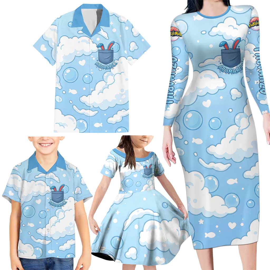 Azumarill Family Matching Long Sleeve Bodycon Dress and Hawaiian Shirt Dreamy Bubble Cloud Art