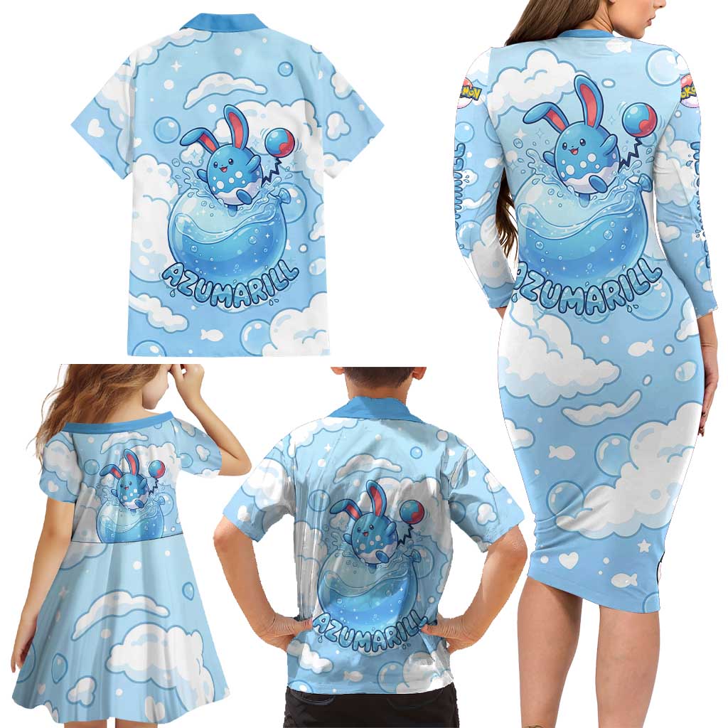 Azumarill Family Matching Long Sleeve Bodycon Dress and Hawaiian Shirt Dreamy Bubble Cloud Art