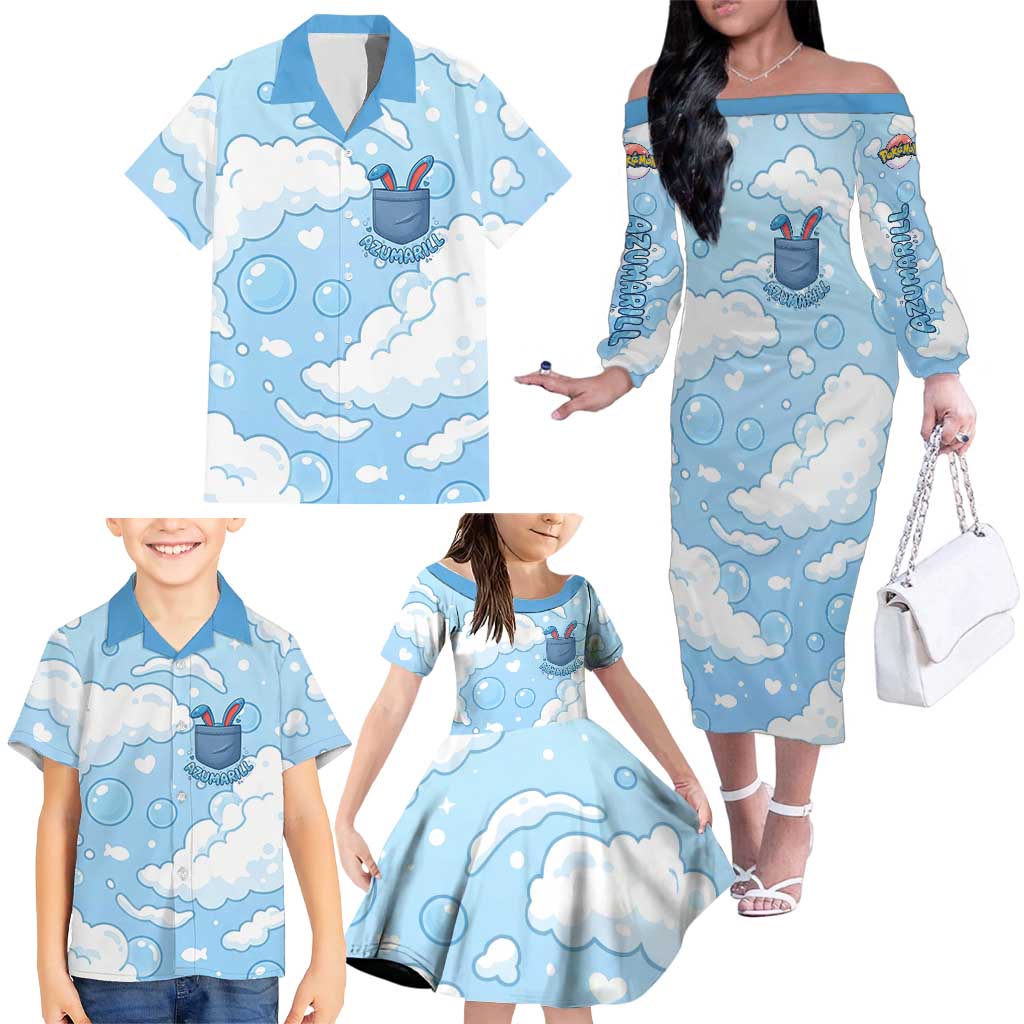 Azumarill Family Matching Off The Shoulder Long Sleeve Dress and Hawaiian Shirt Dreamy Bubble Cloud Art