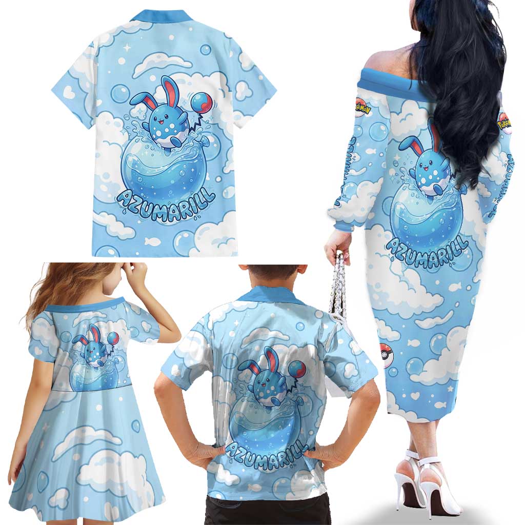 Azumarill Family Matching Off The Shoulder Long Sleeve Dress and Hawaiian Shirt Dreamy Bubble Cloud Art