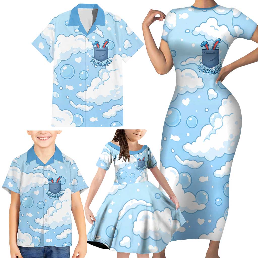 Azumarill Family Matching Short Sleeve Bodycon Dress and Hawaiian Shirt Dreamy Bubble Cloud Art